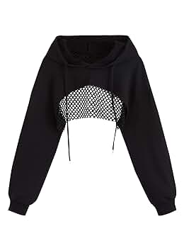 トップス POLYSOOEM FISHNET OFF-SHOULDER TOP BLACK SHEIN EZwear Hollow Off-Shoulder Fishnet Hooded Cropped Top