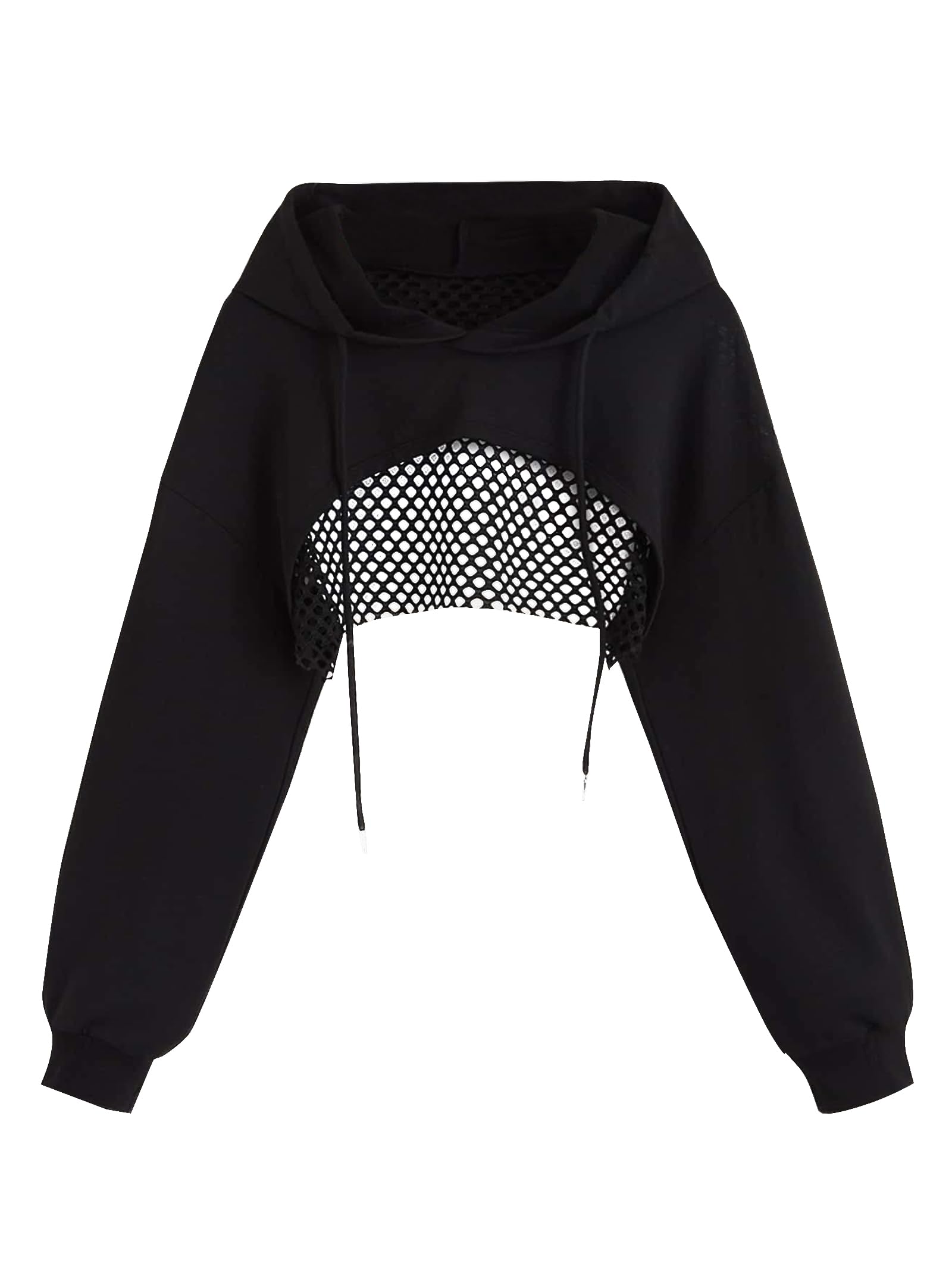 Remidoo Women Drawstring Hooded Sweatshirts Long Sleeve Pullover Super Crop Top, Mesh Black, Large