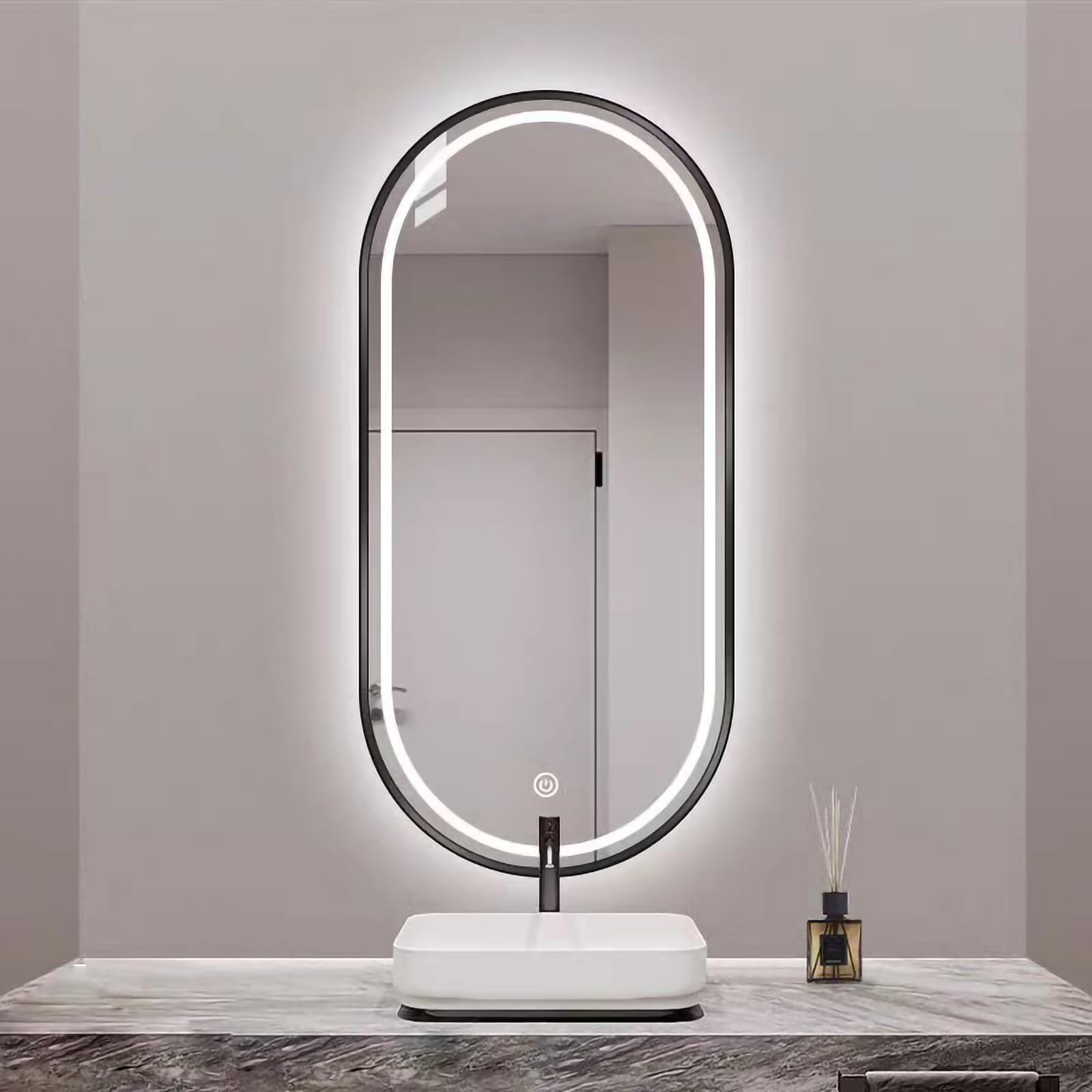 Espejo de baño ovalado LED de 40 x 80 cm, retroiluminado, con luces, 3 colores, interruptor táctil, película antivaho, espejo iluminado moderno para maquillaje y afeitado