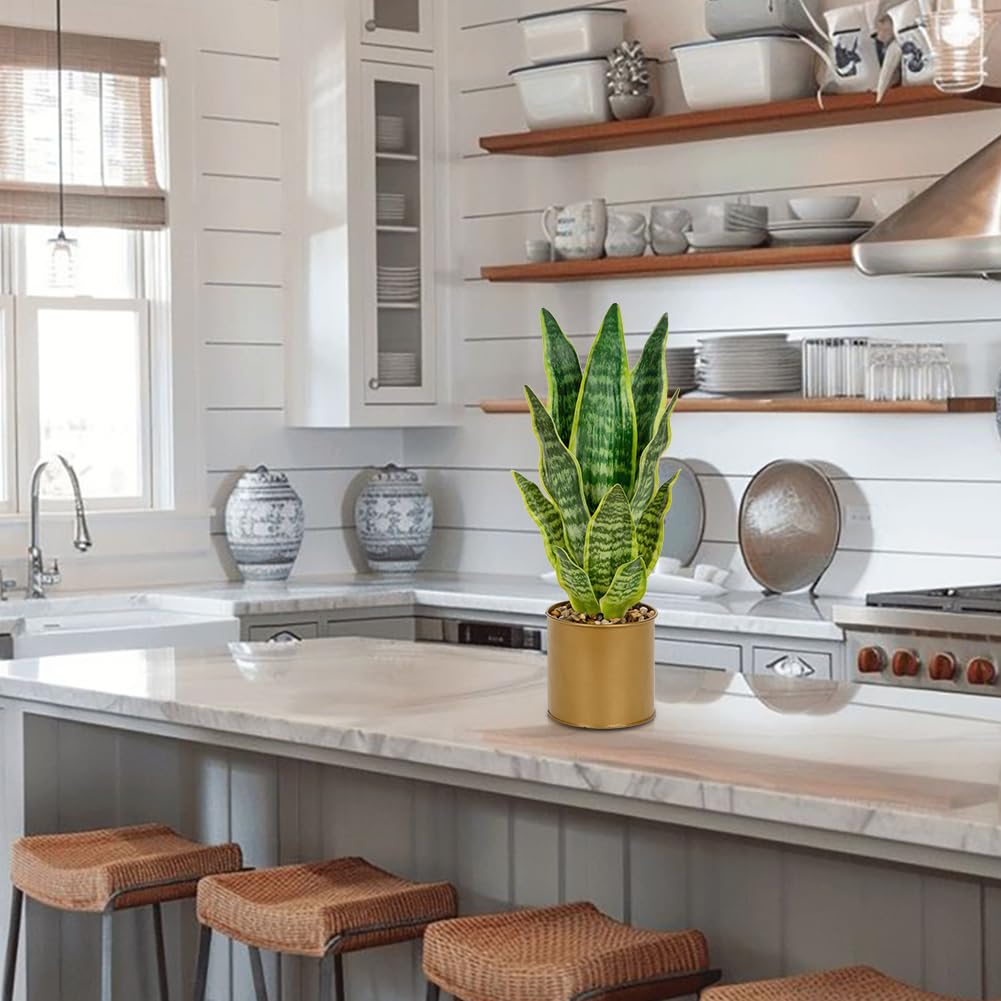 Oairse Pianta artificiale serpente da 44cm in vasi di metallo dorato, piante finte in vaso decorative, pianta Sansevieria finta artificiale, piante artificiali da interno per casa bagno cucina camera