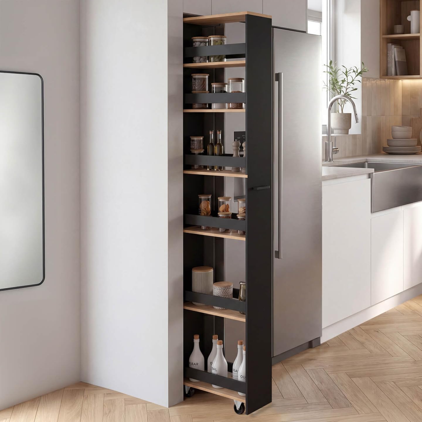 IDMarket - Platzsparender Küchenwagen HAGA, Aufbewahrungswagen mit 6 Etagen, schwarz und in Buche-Optik, H. 177 cm
