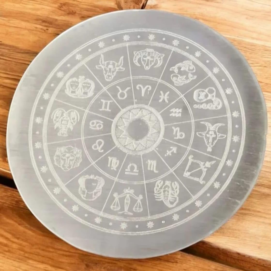 DT DECTONE Selenite Crystal Charging Plate, Zodiac Design, White, 3 Inch Round, for Crystal Cleansing, Purification, Energy Enhancement, Spiritual Work 4