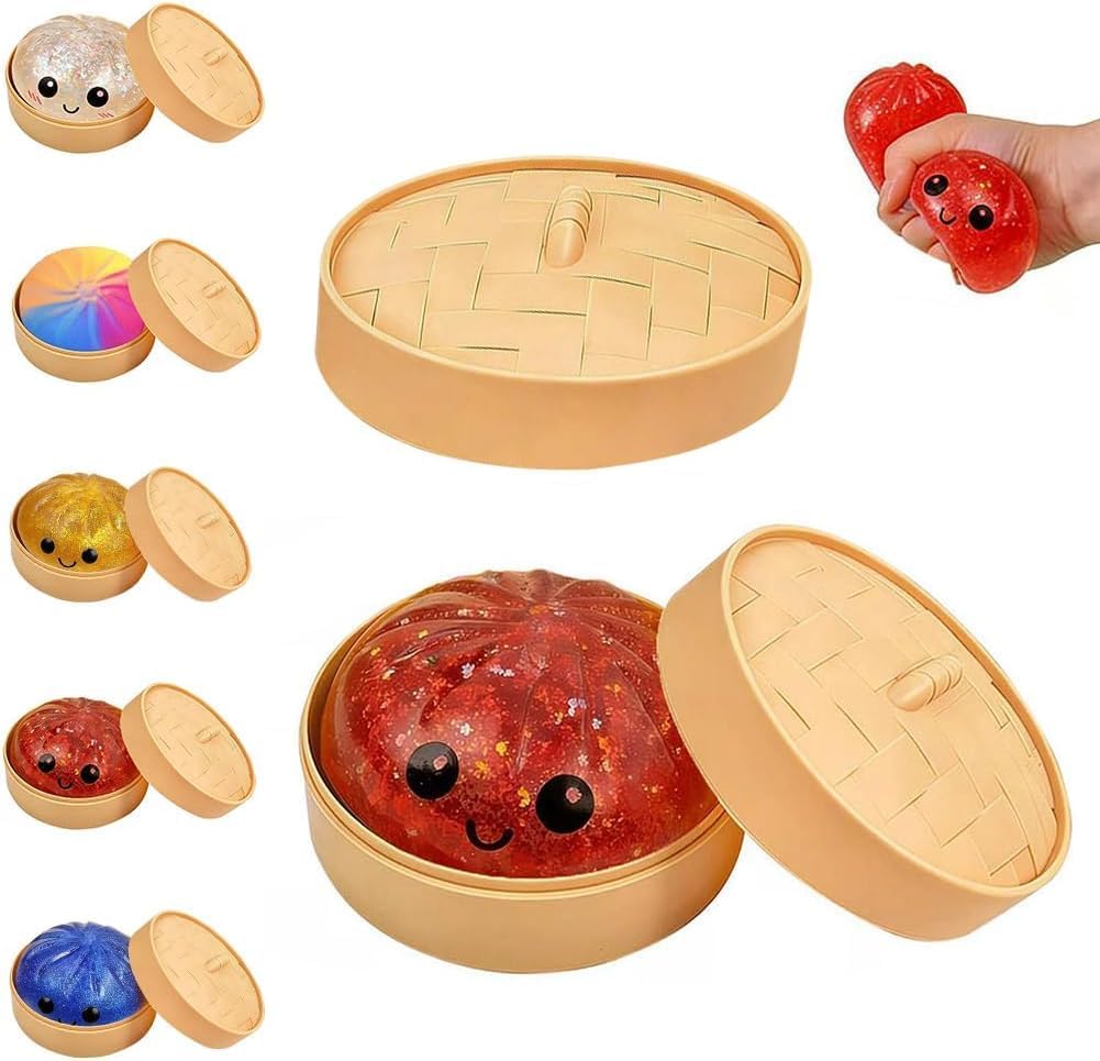 Dumpling Squishy Mystery Box, Slow Rising Glitter Squishy Dumpling Toy, Anxiety Relief Fidget, Stocking Stuffers with Food Steamer Stretchy Desk Toys (Glitter Pink) — view 9