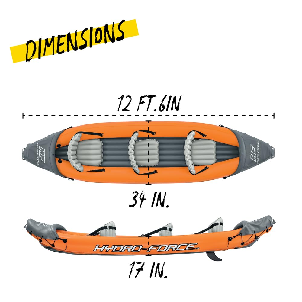 Bestway Hydro-Force Rapid X3 Kayak Gonfiabile con pompa a mano, pagaie, sedili, pinne e borsa portaoggetti | 3 posti