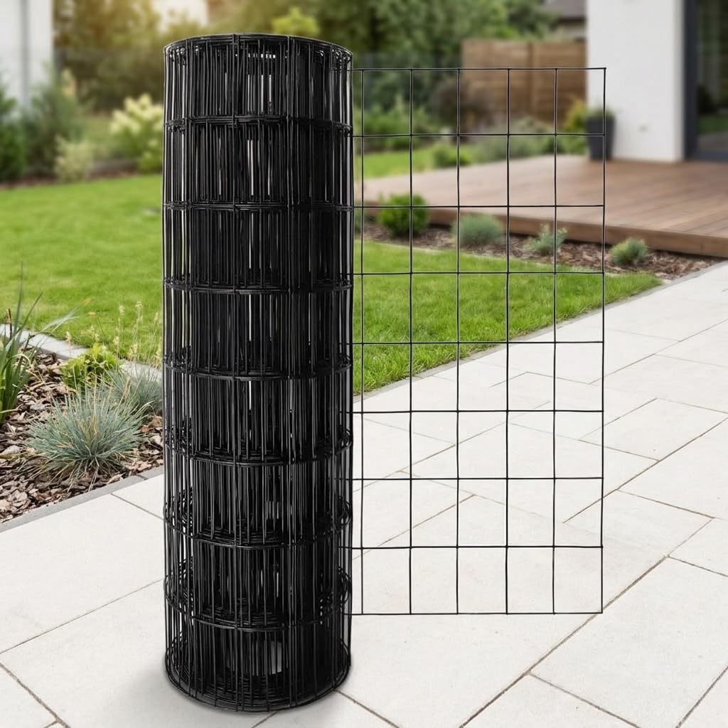 metálicas soldadas, Malla ganadera de Alambre con revtimiento de PVC Negro, 15 m, para jardín y protección Exterior, 0.6X15 Metros