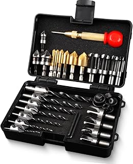 34-Pack Wood Working Tools Including 6 Countersink Drill Bit Set for Wood, 7 Counter Sinker Drill Bit Set, 8 Plug Cutters for Wood, 3 Drill Bit Set and 8 Drill Stop Bit with 1 Center Punch.