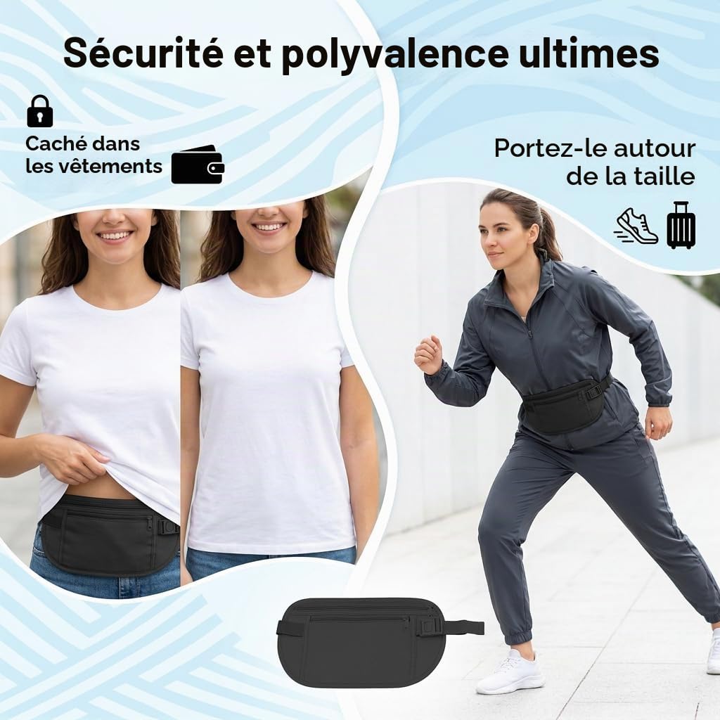 Lot de 2 Ceinture de Course Femme et Homme en Nylon Noir, Banane Secrete Voyage Antivol, Pochette de Voyage pour Papiers, Sac Banane Femme Tissu, Ceinture Cache Billets, Accessoires de Sport