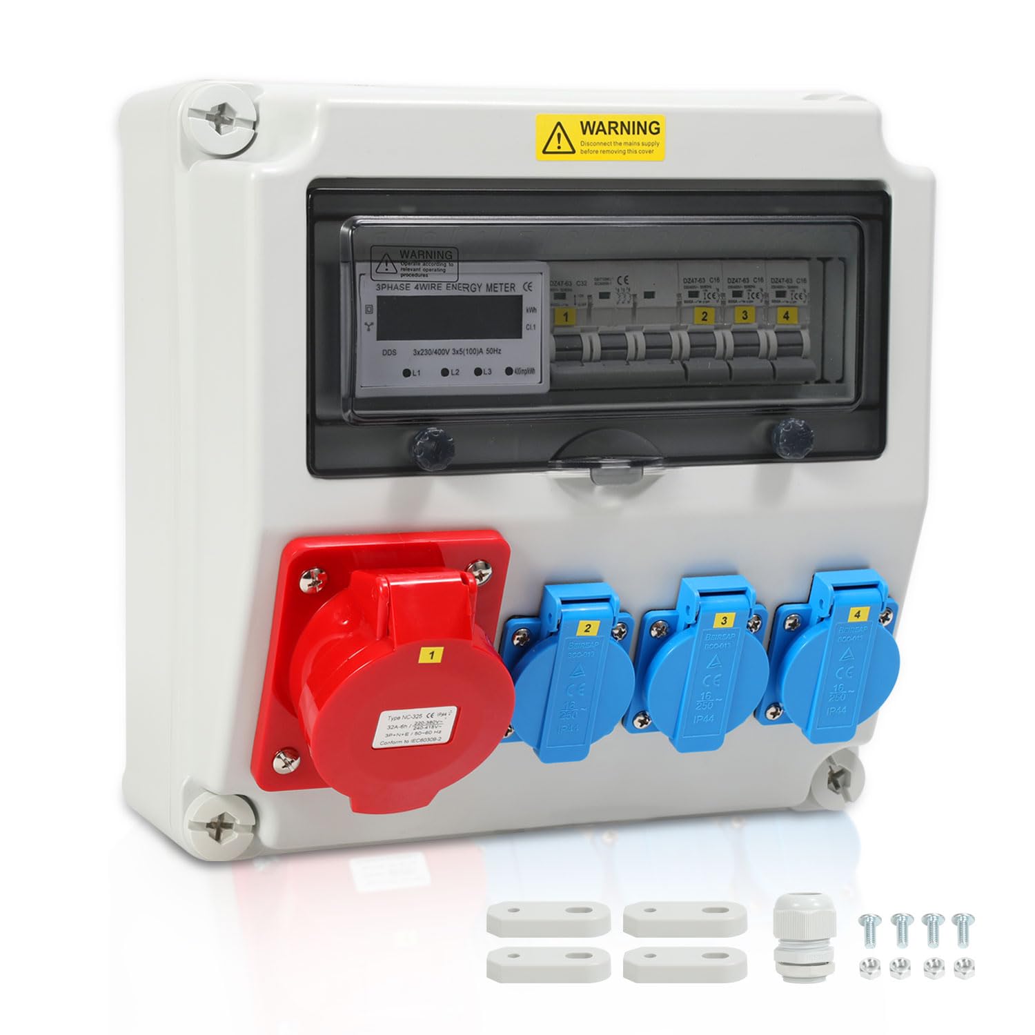 Randaco Distributore da parete con contatore elettrico a 3 fasi e MCB, 5 poli, con 3 prese Schuko e presa CEE 32 A, distributore di corrente per interni ed esterni