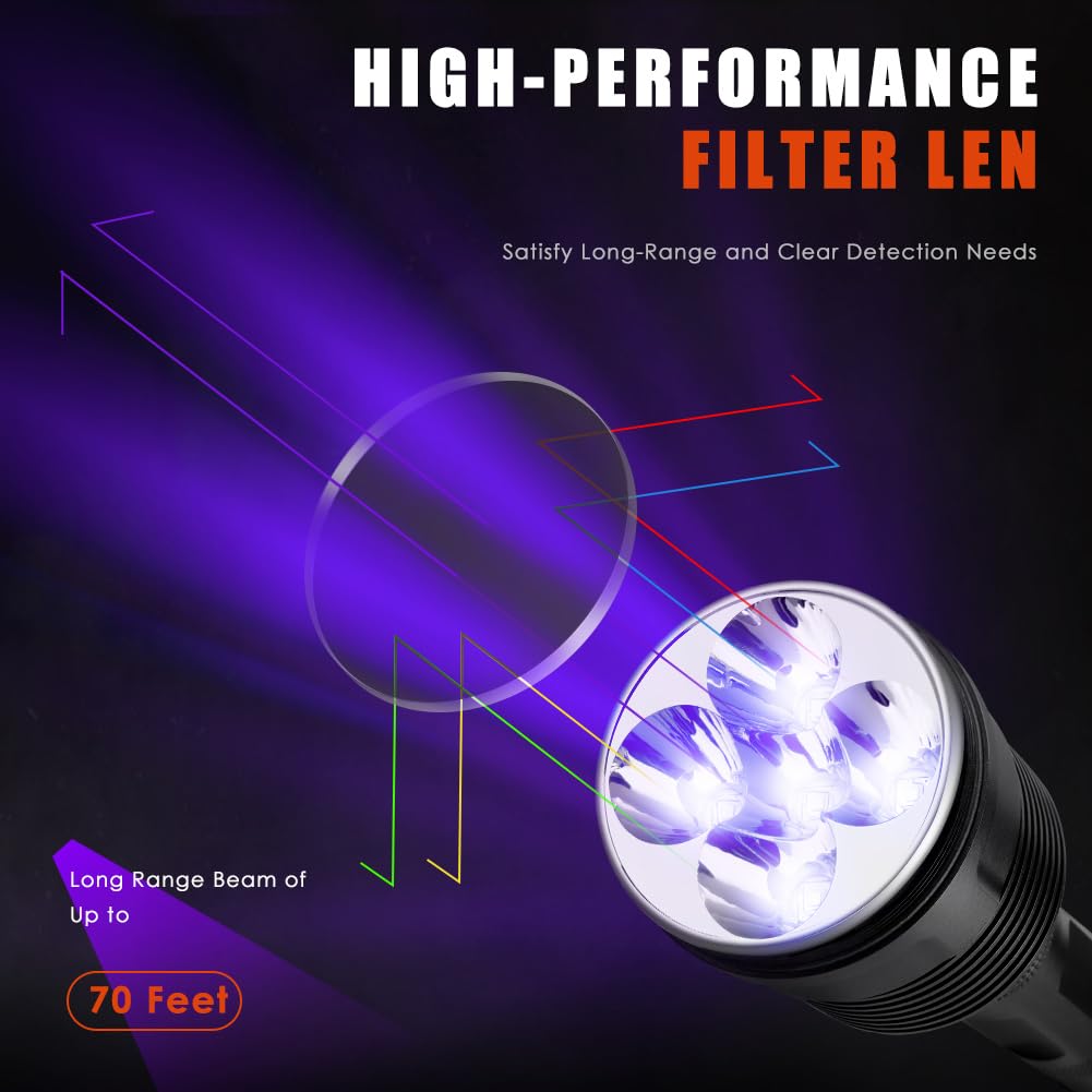 KEENZO Torcia UV a Luce Nera da 365 nm, con 5 LED Professionali, 50 W, Potente Torcia a Luce Nera per Trovare Urina di Animali Domestici e Minerali, Ricerca di Scorpioni