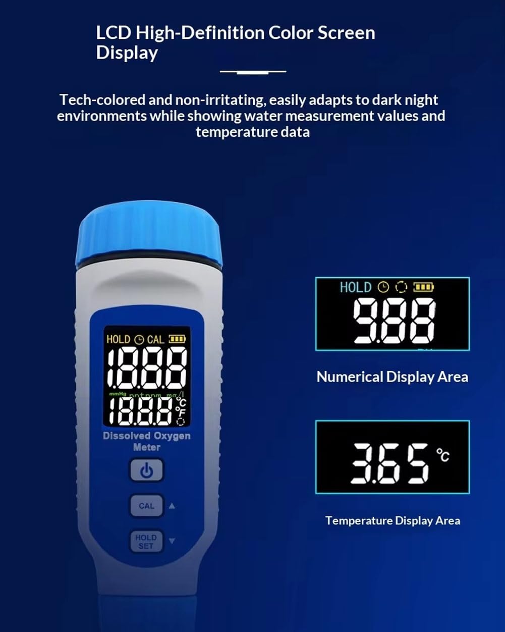 Misuratore di ossigeno disciolto, tester ad alta precisione 0,0-20,0 mg/l con display LCD, kit di test dell'acqua per acquario, stagno, acquacoltura e acque reflue, cavo sonda da 1,6 m