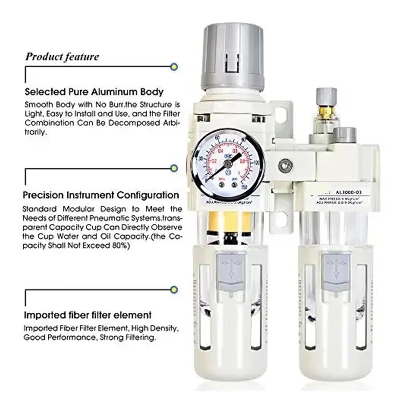 1 cm NPT/BSPP regulator ciśnienia filtra powietrza, separator wody/oleju, narzędzie kombinowane, kompresor z manometrem AC3010-03 (BSPP, automatyczny drenaż)