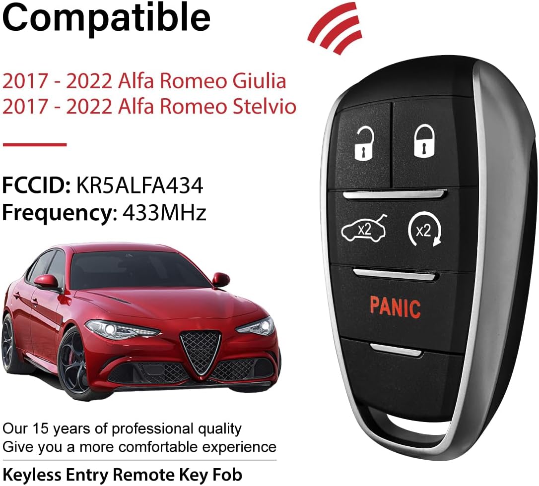Replacement for 2017 2018 2019 2020 2021 2022 Alfa Romeo Giulia Stelvio Key Fob Remote Control KR5ALFA434 5 Buttons 4A 433MHz