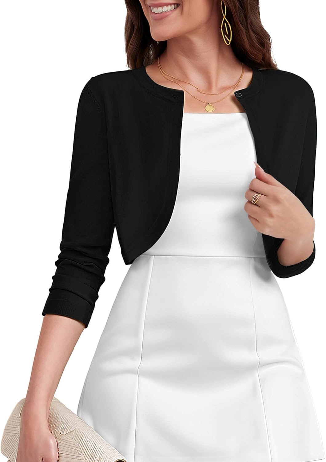 Heymoments Women's 3/4 Sleeve Casual Shrugs Lightweight Open Front Cropped Cardigan for Dresses