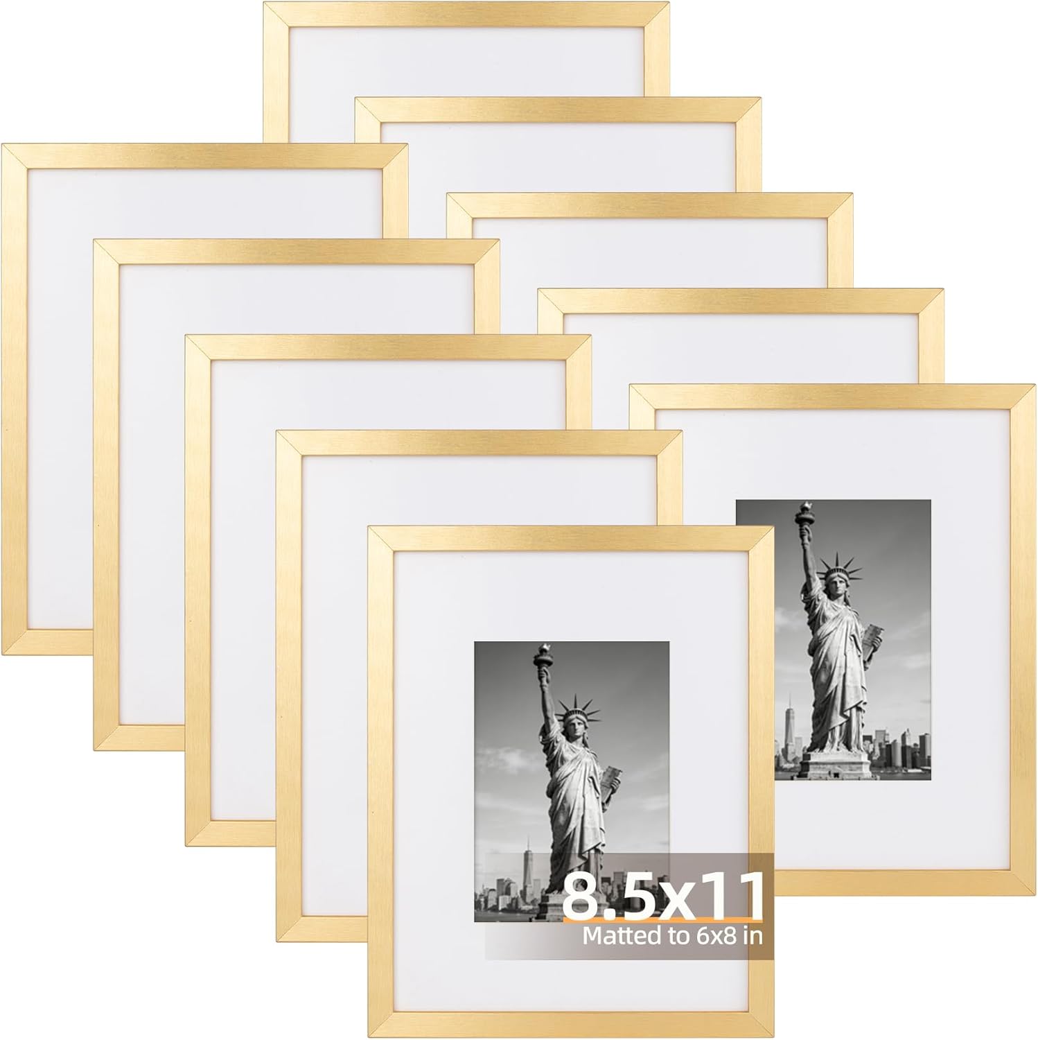 8.5X11 Picture Frame Set of 10, Display Pictures 6X8 with Mat or 8.5X11 without Mat, Photo Frames for Wall Mounting or Table Top Display, Gold