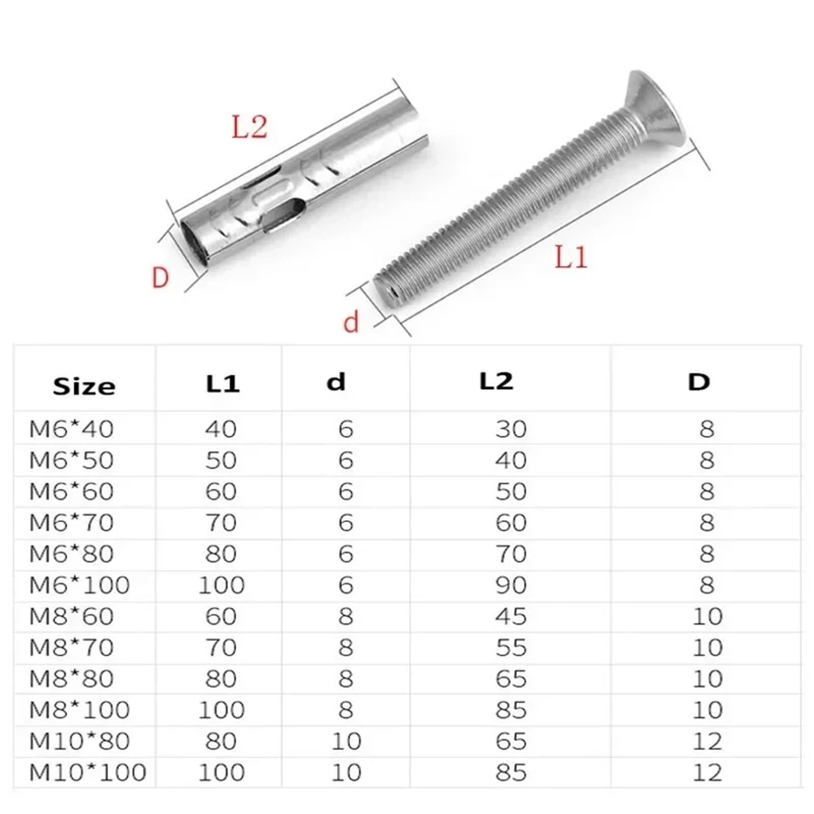 Spreizdübel 304 Edelstahl Phillips/Sechskant Senkkopf Flachkopf Expansion Schraube M6/M8(50Pcs,M8x100-Phillips)