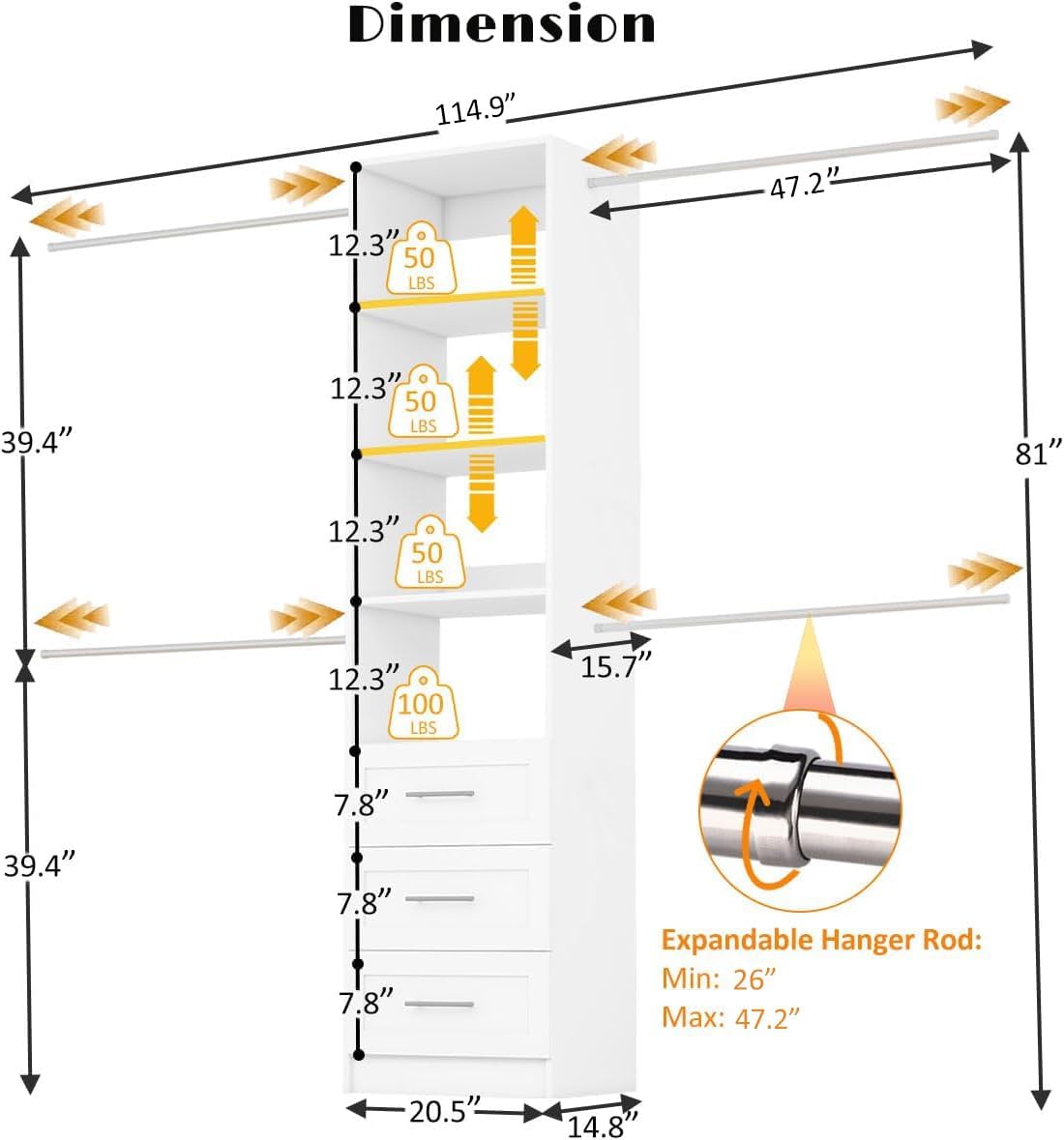Closet System, 5FT-9FT Closet Organizer System 114.9" Walk in Closet Storage System with 3 Wooden Drawers 4 Expandable Hanging Rods, Wall Mount White