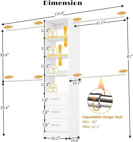 Miniatura 4 de Sistema de armario, sistema de organizador de armario de 5 pies a 9 pies, sistema de almacenamiento de armario de 114.9 pulgadas con 3 cajones