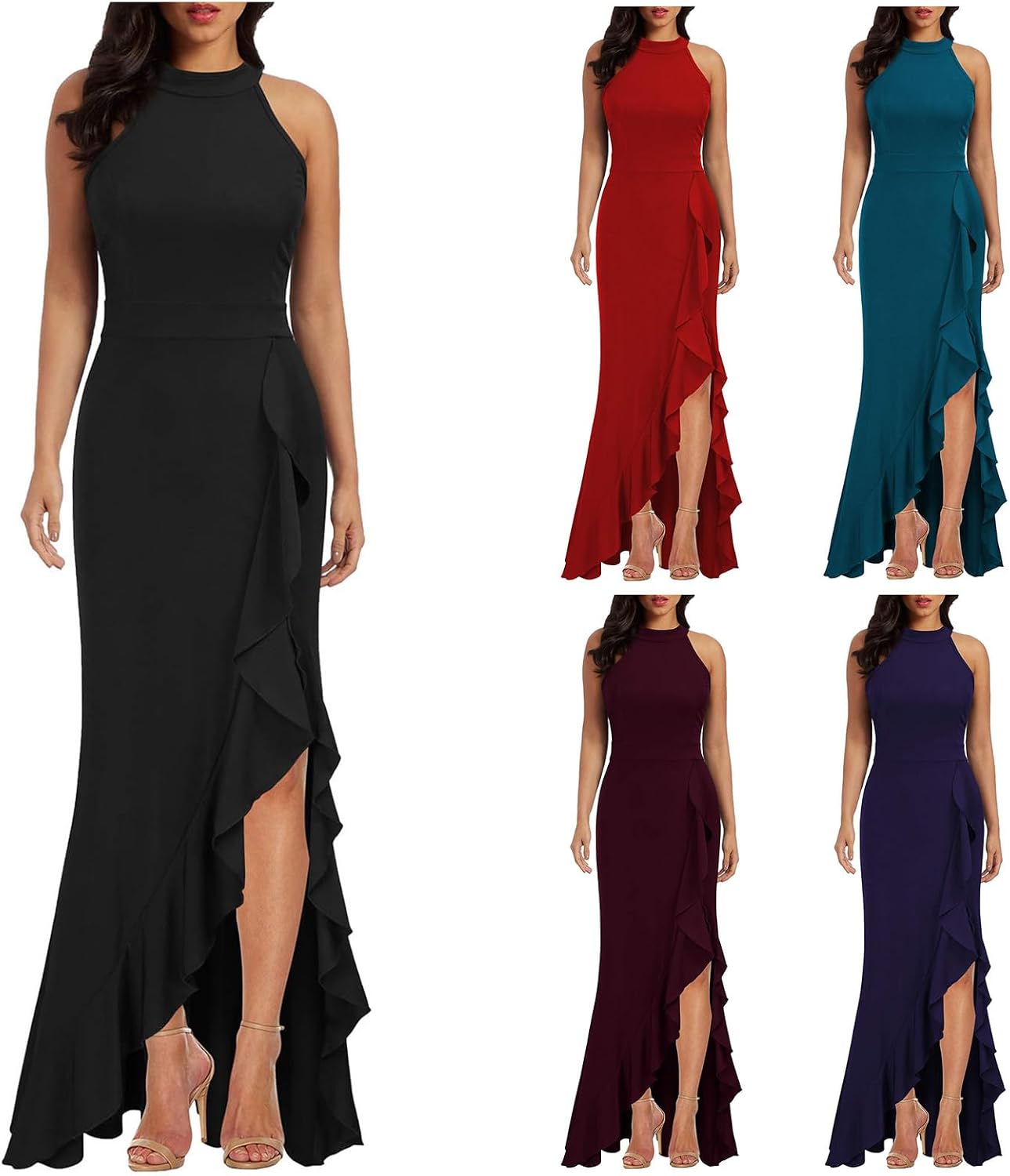 Women's Elegant Bodycon Dress Halter Neck Sleeveless Long Dresses Ruffle Split Ruched Evening Cocktail Maxi Dress