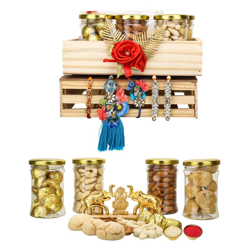 Image of NUTRI MIRACLE Rakhi Dry Fruit & Nut Gifts I Variety Of Fancy Rakhis For Brother N Family I Hathi Chopda Tilak Kit,400gm