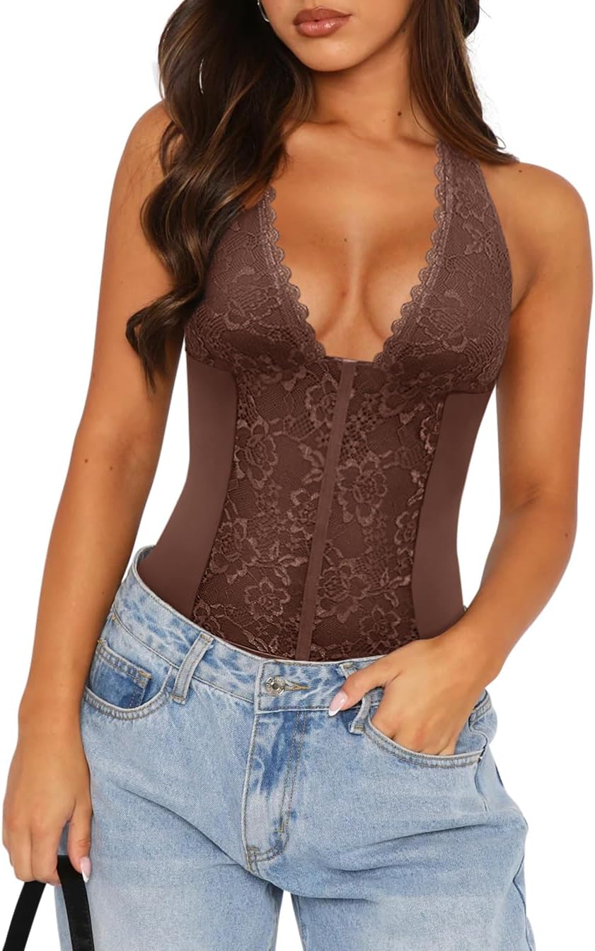 Summer Sexy Floral Lace Halter Deep V Neck Sleeveless Backless Trendy Going Out Corset Body Suits