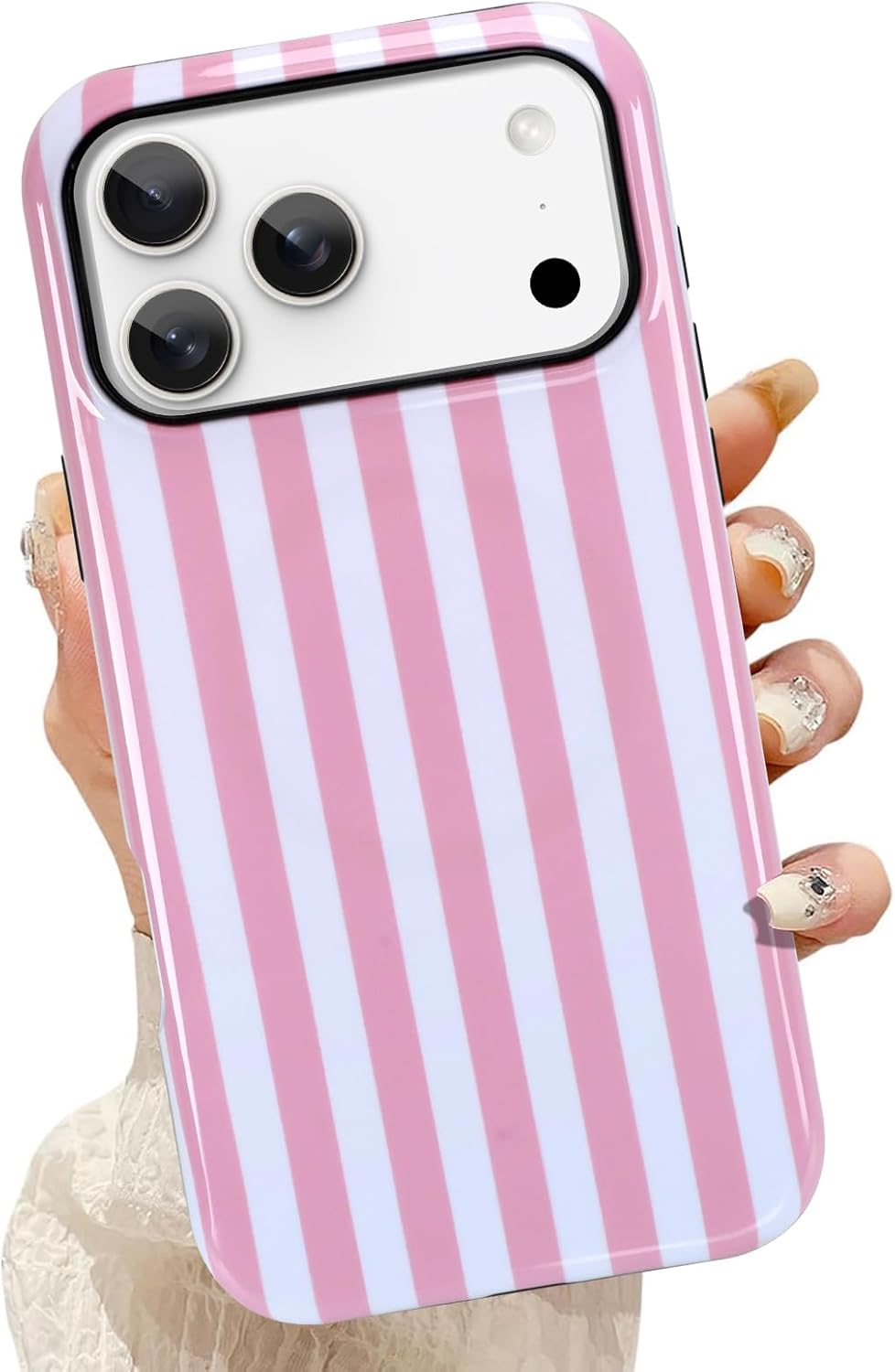 KANGHAR Case for iPhone 17 Pro Compatible with Magsafe Cute White and Pink Stripes Scratch Resistant Hybrid 2-Layer Hard Protective Phone Cover for Girl Women Boy Men 6.3 Inch