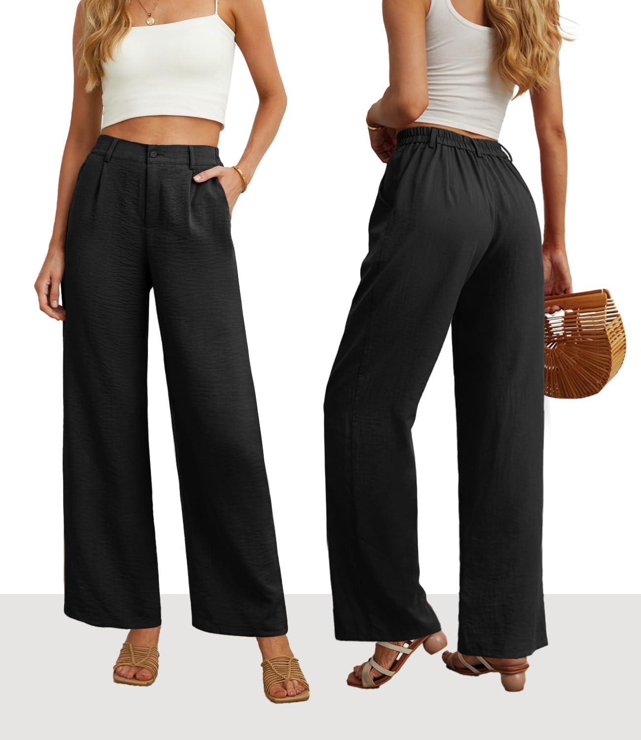 Feiersi Womens Casual Wide Leg Pants High Waisted Button Down Straight Long Trousers Palazzo Pants - Image 6