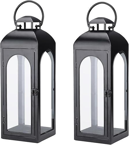 Bdor Paquete de 2 Faroles Grandes de Lujo Decorativos Altos de 20 Pulgadas Faroles Hurricane de Metal Negro con Paneles de Vidrio Templado para