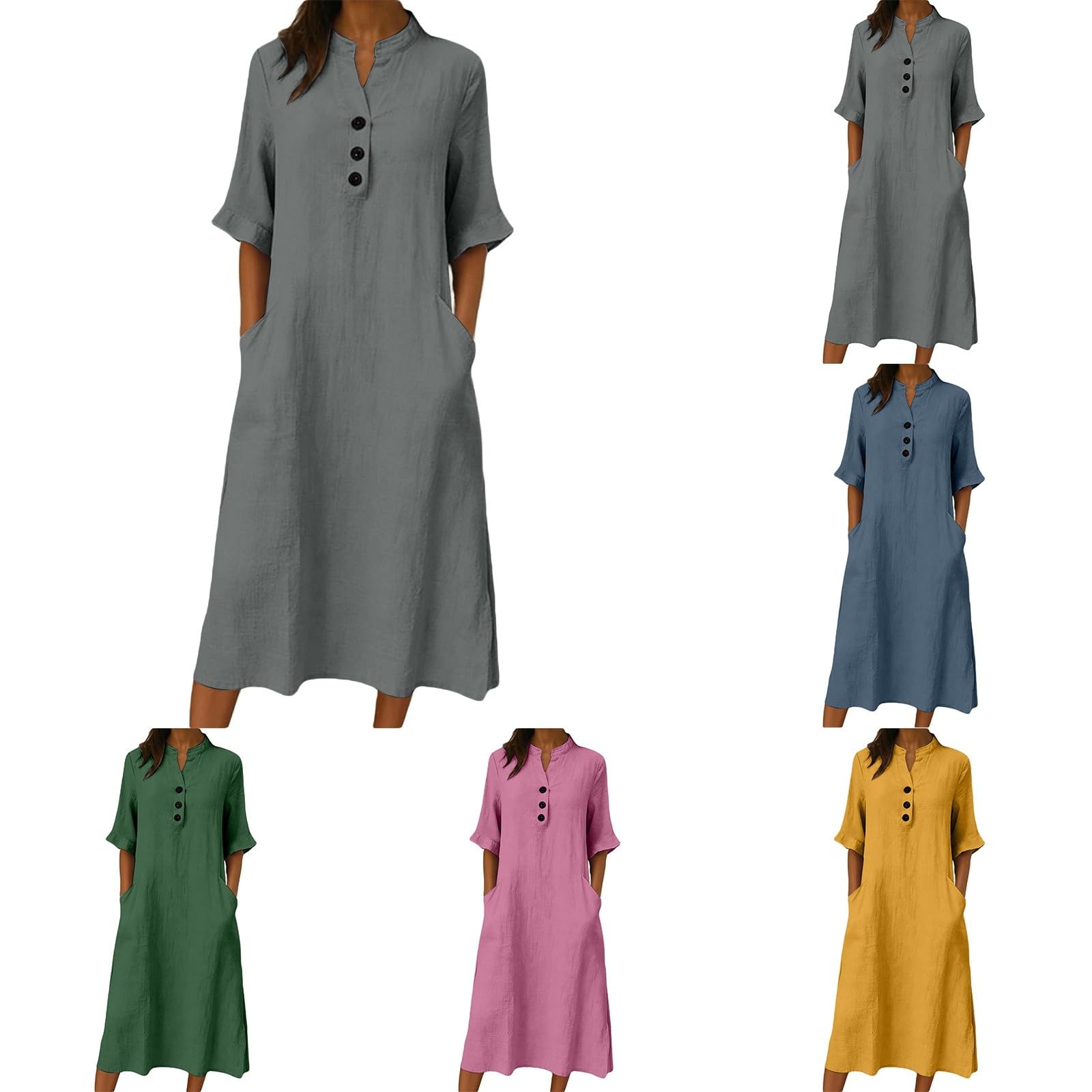 Abito in lino da donna, scollo rotondo, a maniche corte, estivo, in cotone e lino, per il tempo libero, da spiaggia, abito da spiaggia, abito casual da spiaggia