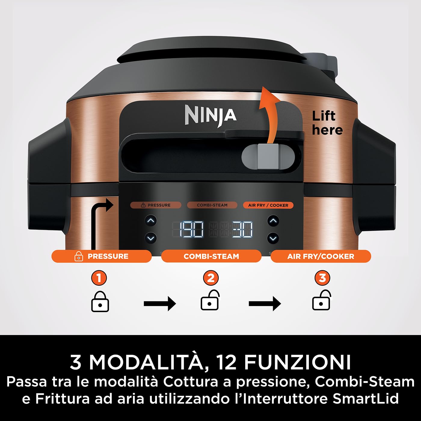 Ninja Foodi MAX Multicooker con Coperchio SmartLid, 12 Funzioni, Cottura Intelligente, 7.5L, Pentola a Pressione, Friggitrice ad Aria, Cottura a Vapore, e Cottura Lenta, Rame/Nero, OL650EUCP