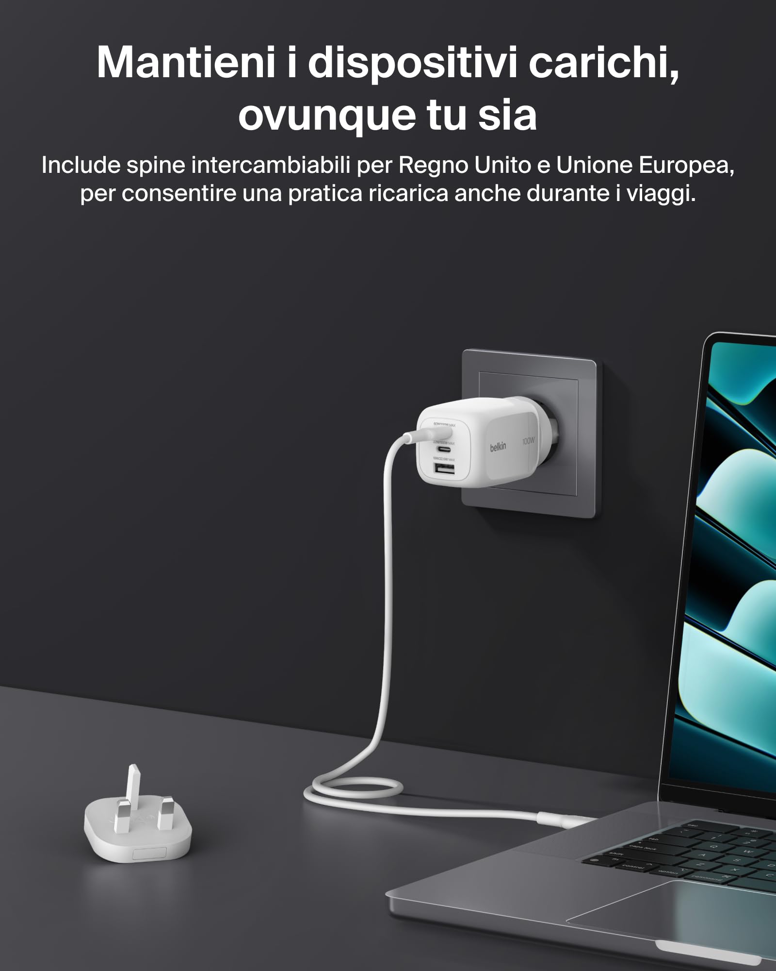 Belkin Caricatore da muro GaN USBC a 3 porte da 100 W, 2 porte USBC e 1 porta USBA, Spine incluse per UE-UK-US, Ricarica Rapida per MacBook, iPhone, iPad Pro, Samsung Galaxy, Google Pixel - Bianco