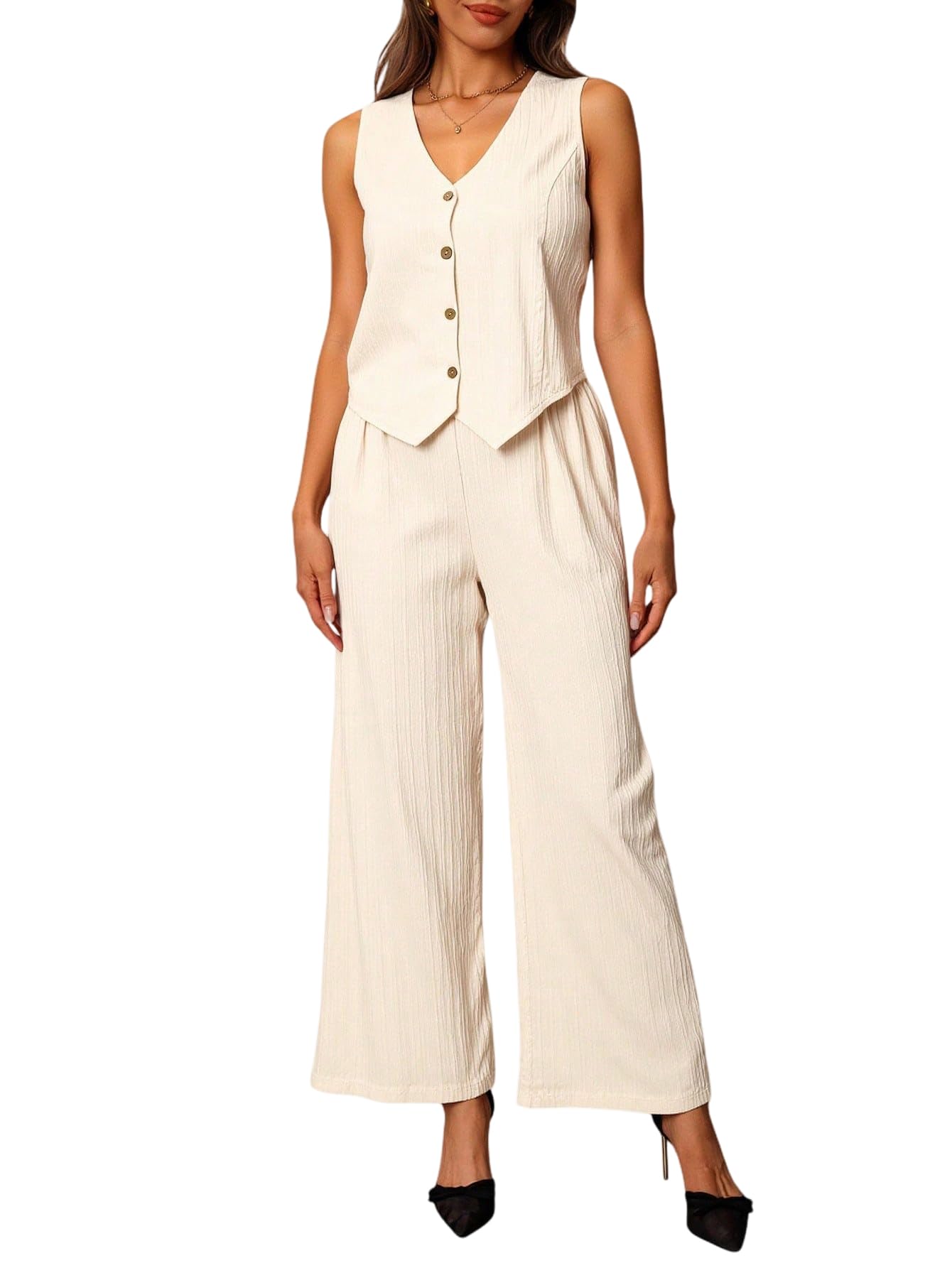 Womens Plus Size 2 Piece Business Casual Outfits Button Up V Neck Vest and Pants Summer Sets