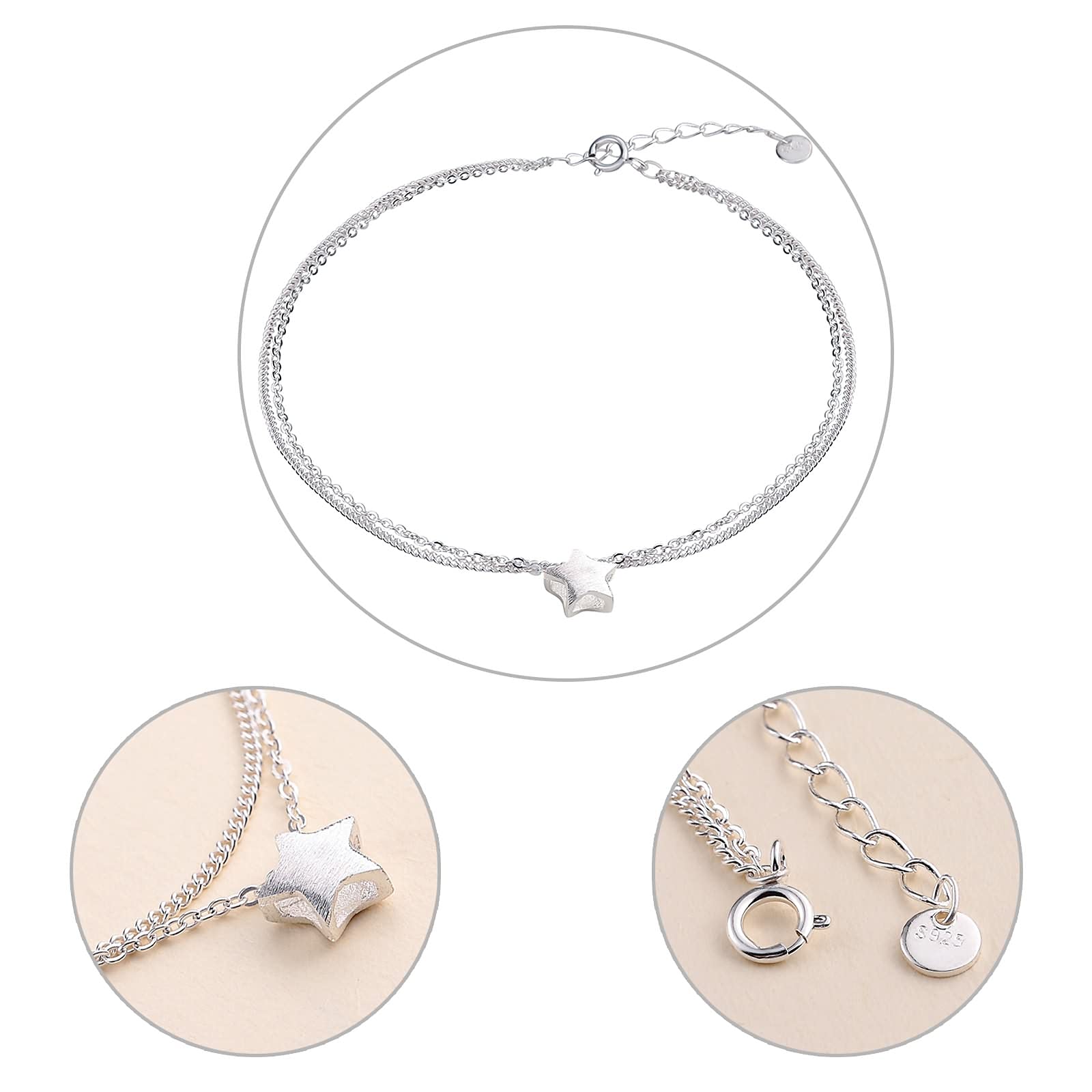 18 Karat Weißgold Fußkette Damen Fußkettchen 750, Echtschmuck Stern Zweireihig Funkeln Strand Süß Fußketten Damen 23+5cm Lang