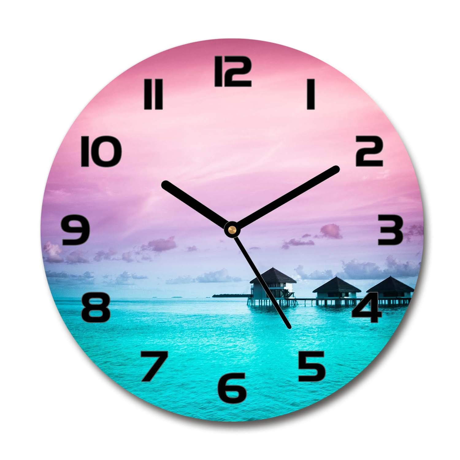 Horloge en verre 60x60cm Tulup avec bungalows au-dessus de l'eau et mécanisme silencieux sur pied