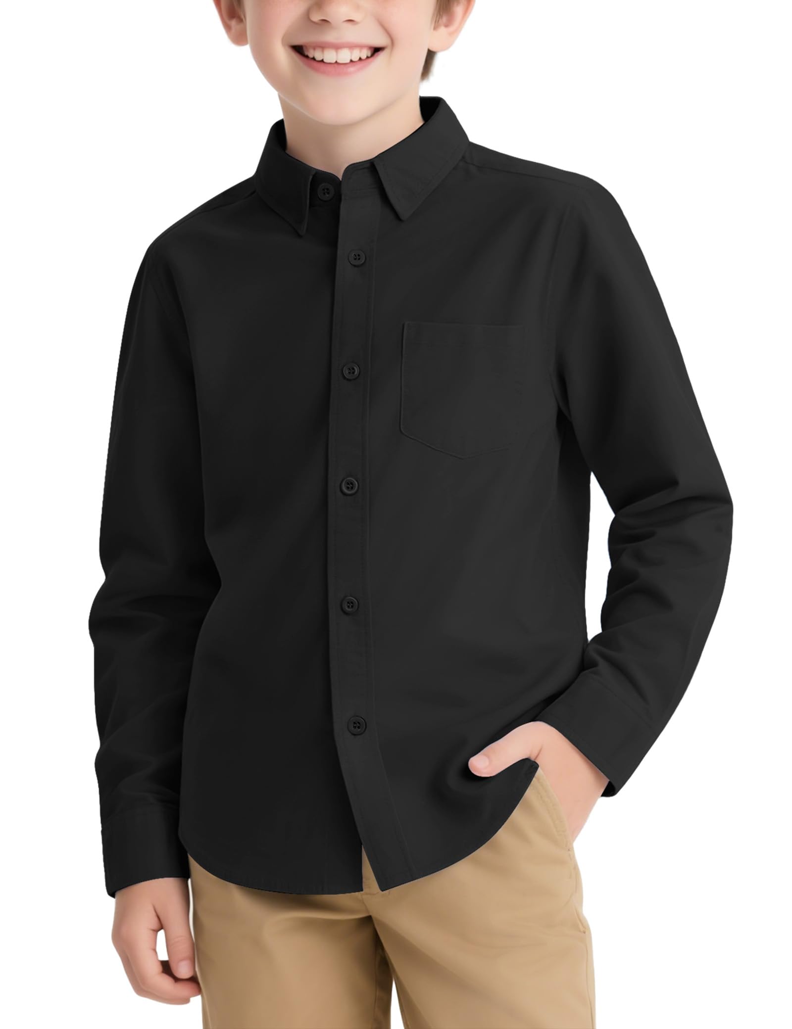 Boys Long Sleeve Dress Shirts Button Down Uniform Shirts with Chest Pocket Size 7-14 Years