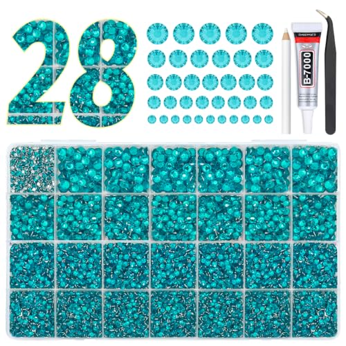 qiipii 28 Grids Teal Blue Resin Rhinestones with B7000 Glue for Bedazzling
