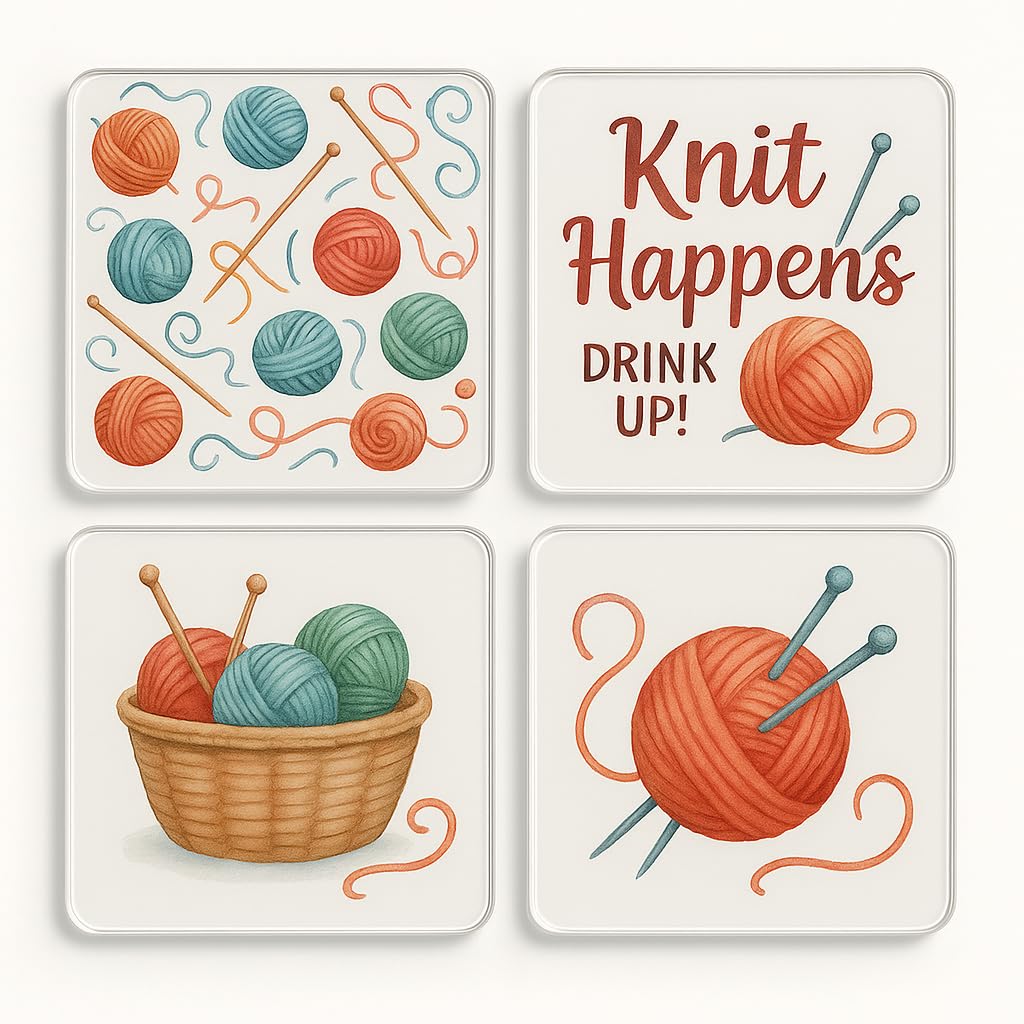 The Plum Penguin Knit & Sip Bliss Acrylic Coaster Gift Set Of 4 With Watercolour Knitting Design - For Craft Enthusiasts & Home Decor