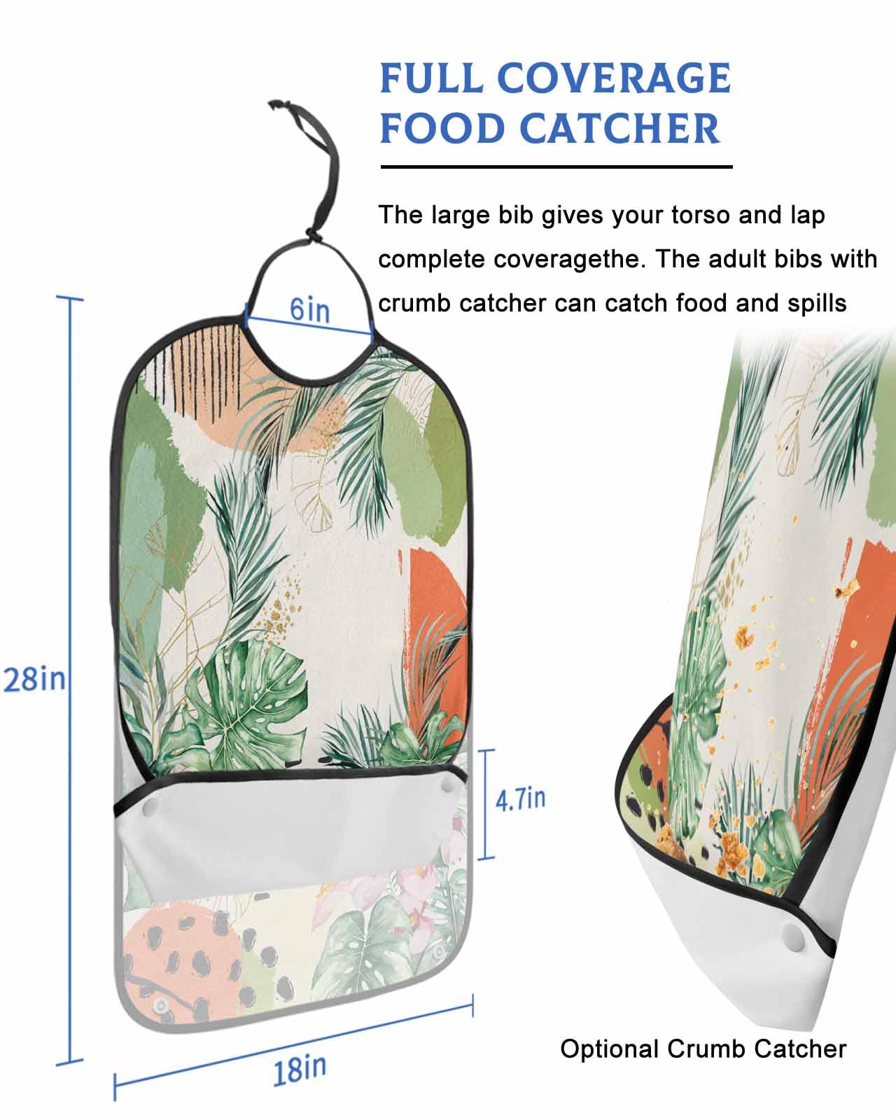 LEOKOTI Summer Botanical Adult Bibs for Eating, Waterproof Bibs with Food Catcher & Adjustable Snap Closure, Boho Palm Leaves Geometric Abstract Washable Clothing Protectors Adult Bibs for Elderly