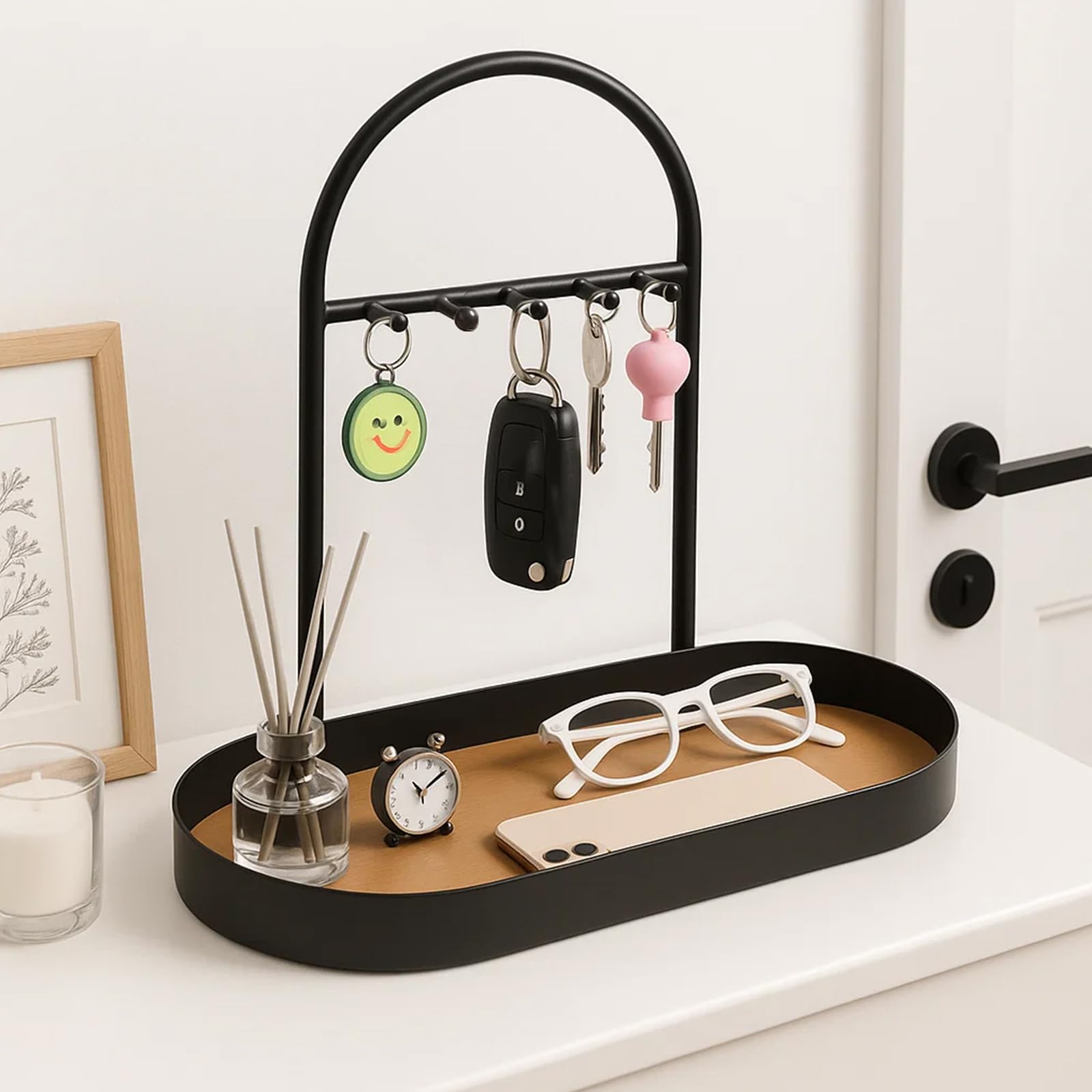 M.J COMFY-LIFE Metal Key Holder Stand & Jewelry Tray with Acrylic Base, Entryway Valet Tray and Ring Holder with 5 Hooks, Key Stand and Jewelry Dish for Hallway, Bedroom, or Office (Matte Black)