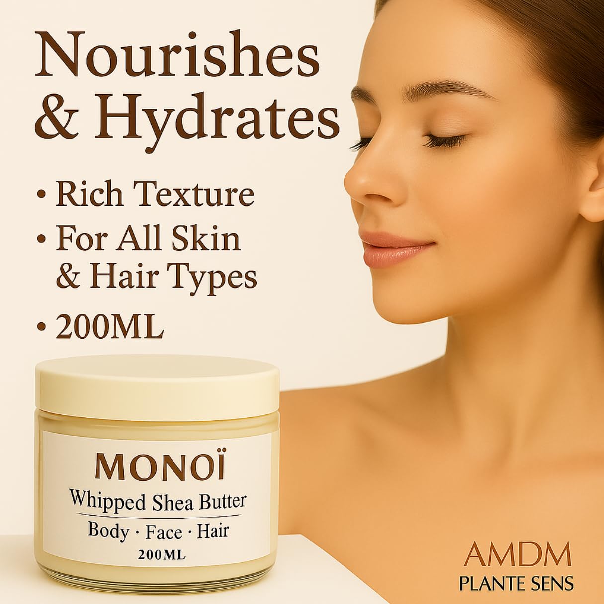 AMDM Whipped Shea Butter with Tahitian Monoi - Tropical Moisturizing Body Butter for Skin & Hair | Lightweight & Non-Greasy, Enhances Glow & Softness | 6.76 oz Jar