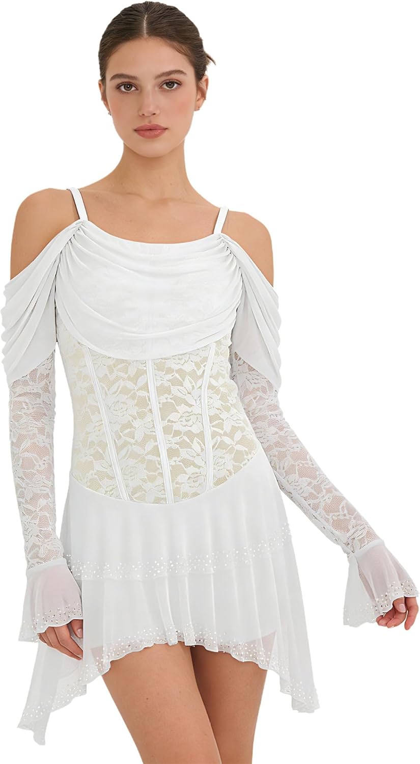 Figure Skating Dress Women Floral Lace Sleeve Irregular Ice Skating Dress Lyrical Ballet Costumes