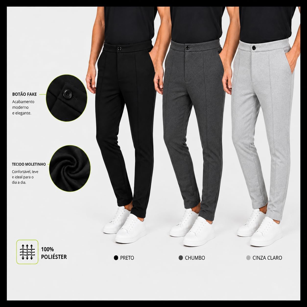 Kit 2 Calças Alfaiataria Masculina Skinny Social Bolsos Funcionais Moletinho Hibrido Botão Frontal Decorativo Poliéster Macio Kit 2 Calças Alfaiataria Masculina Skinny Social Bolsos Funcionais Moletinho Hibrido Botão Frontal Decorativo Poliéster Macio