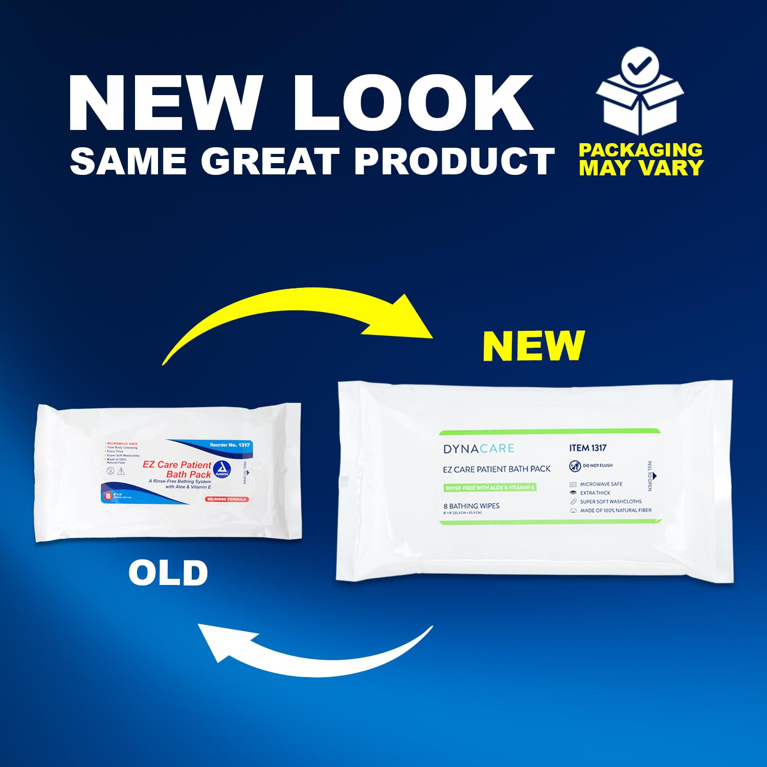 Dynarex EZ Care Patient Bath Packs - Pre-Moistened Disposable Wet Wipes - No Rinse Cleansing Washcloth with Aloe Vera & Vitamin E - For Hospital & Home Use - 8x8” Sheets, 1 Case - 24 Packs, 8 per Pack