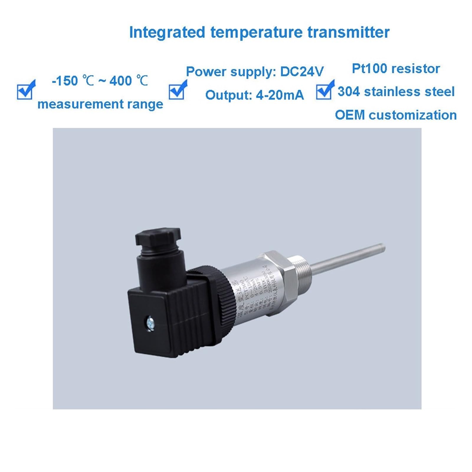 Czujnik temperatury, Nadajnik temperatury Pt100, wyjście 4-20 mA, zakres od -150 do 400°C, zasilanie DC 24 V, gwint M20x1,5, sonda 80 mm(-50-100)