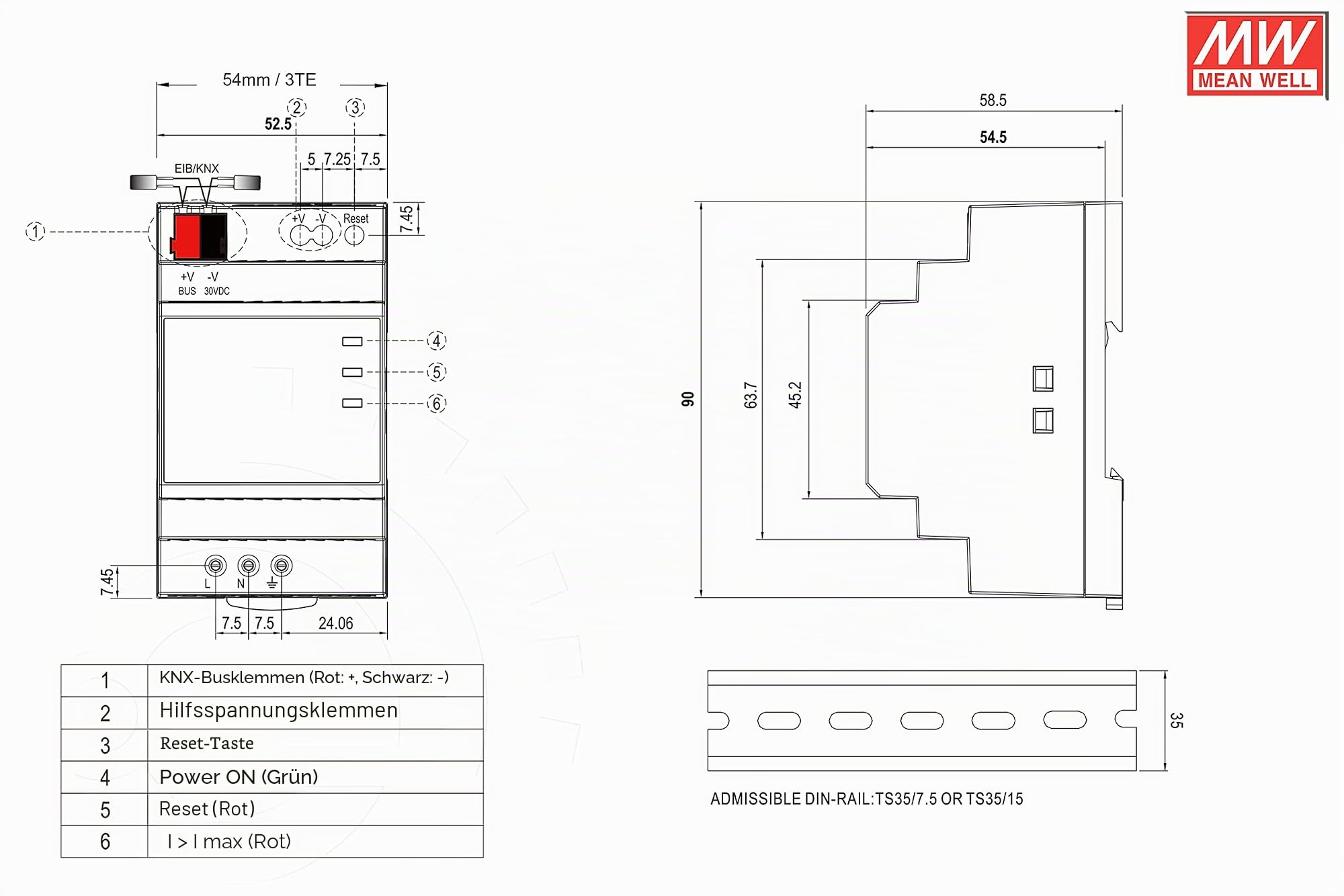 MEAN WELL Well KNX-20E KNX-20E-640 Hutschienen-Netzteil (DIN-Rail) 30 V/DC 640mA 19.2W 1 x, Anthrazit