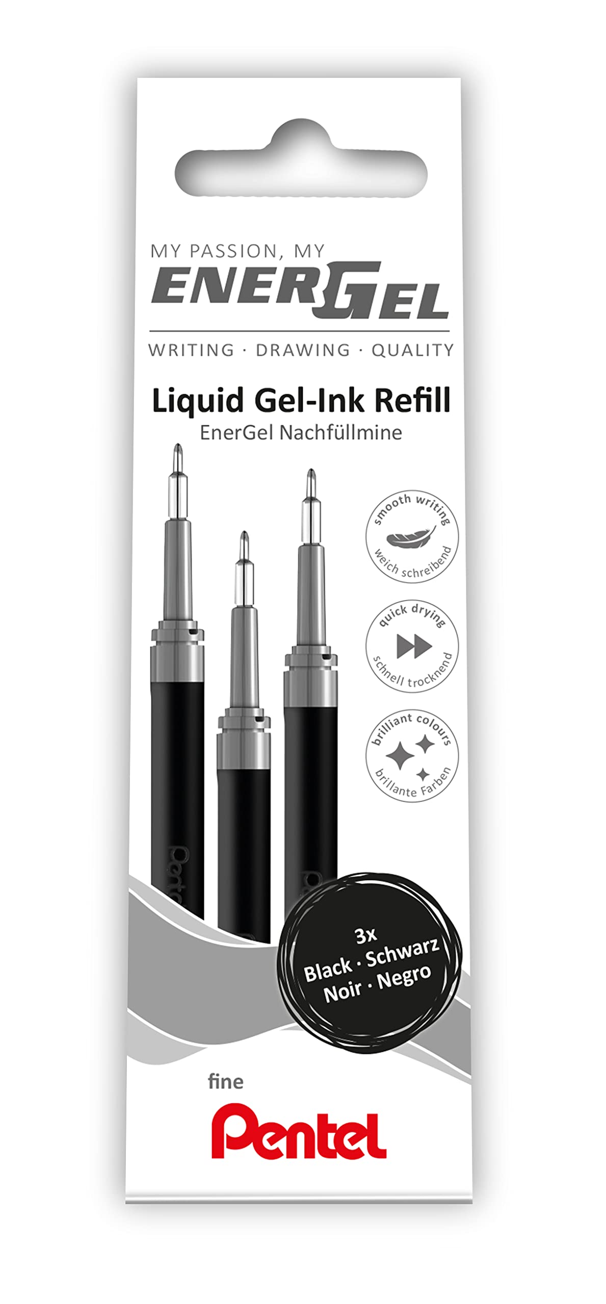 Pentel LRN5-3A - Ricarica per penne EnerGel, 0,5, 0,25 mm, punta dell'ago, 3 pezzi, colore: nero