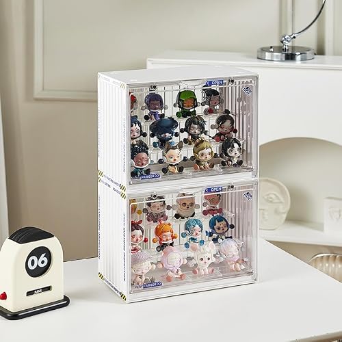 Clear Display Case for Figures, 3 Tier Adjustable Display Stand, Acrylic Display Box with Magnetic Door, Dustproof Showcase for Collectibles Mini Funko Pop Popmart Action Figures (Ivory-2 Pack)
