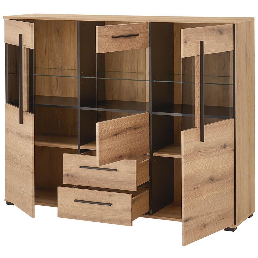 Lomadox Highboard 160 cm breit Vitrine Wohnzimmerschrank in Eiche mit 3 Glastüren & 2 Schubladen inkl. Softclose-Funktion