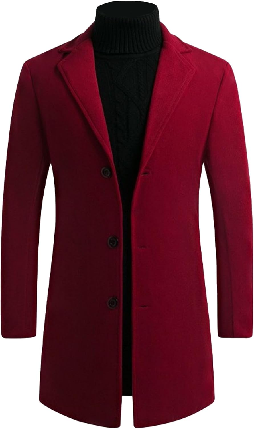 Men's Wool Blend Pea Coat Single Breasted Slim Fit Notched Collar Overcoat Classic Warm Winter Trench Coat