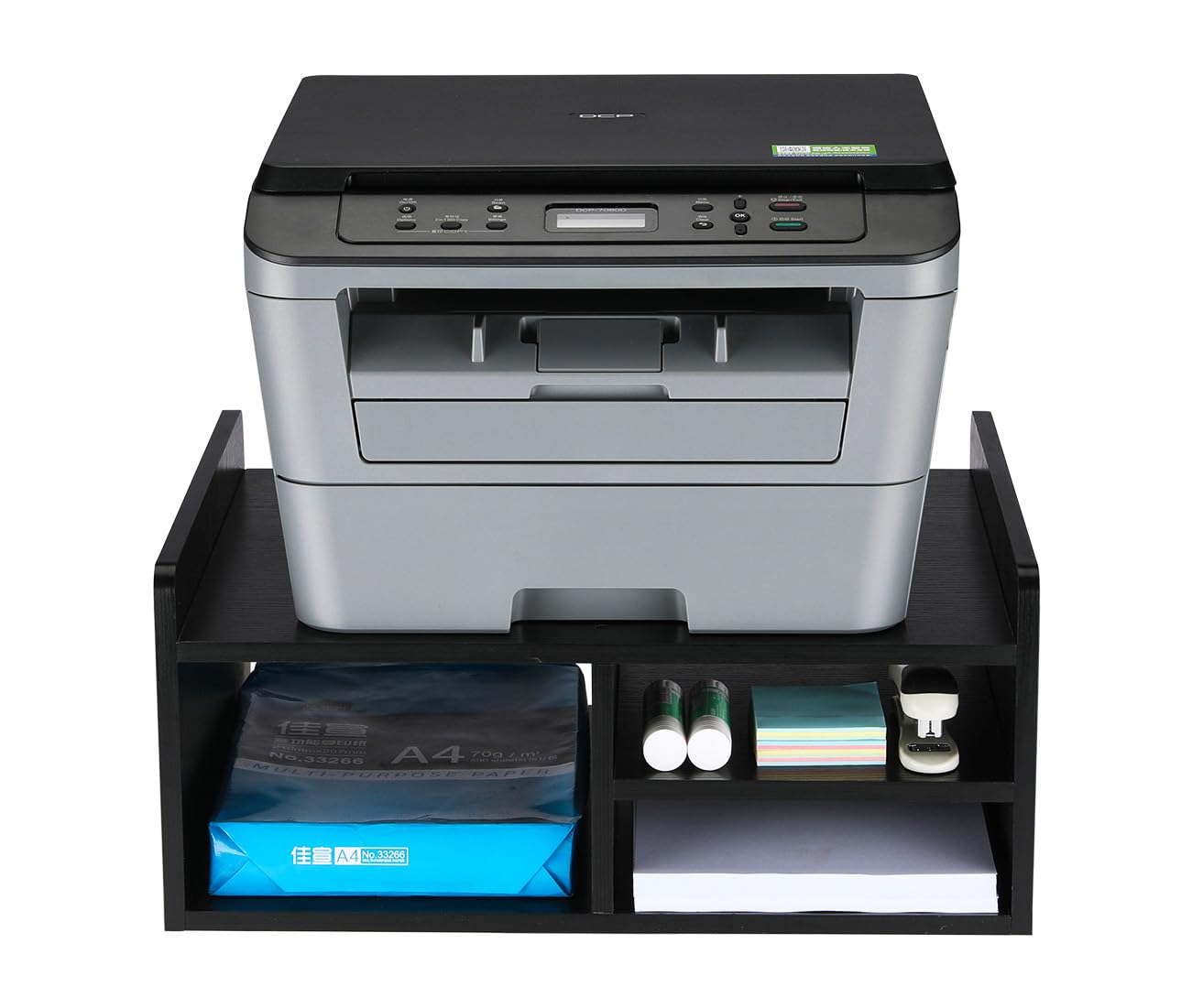 EasyPAG 4 Compartimentos Madera Soporte Impresora Escritorio Estantería Oficina Organizador Papeles A4 Estante Impresora Mesa Almacenamiento para Fax,Negro