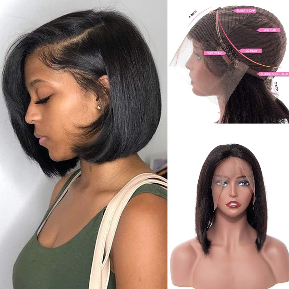 ALI BFF Brazilian Straight Virgin Human Hair Lace Front Wigs Knots Bleached Short Bob Hair Afro Wigs Pre-Plucked with Baby Hair Natural Hairline(10 inch)